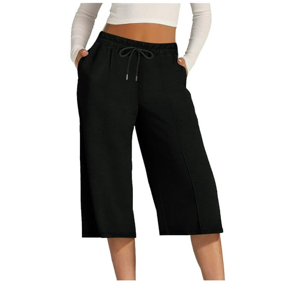 RYDCOT Womens Capri Pants with Pockets 2025 Summer Wide Leg Drawstring Comfy Lounge Pajama Capris Sweatpants Cropped Trousers Loose Fit Clearance Black