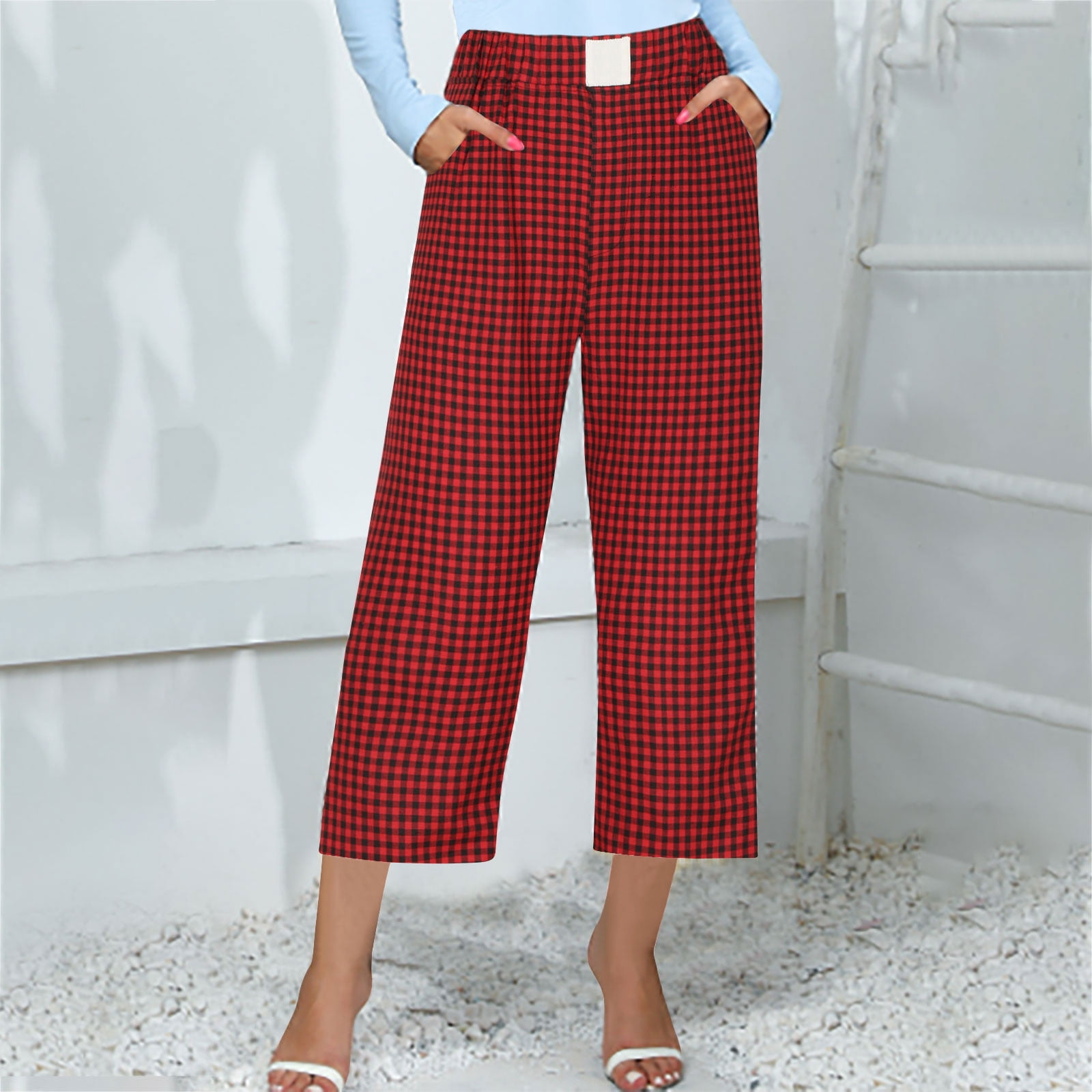 Palazzo Pants Red Plaid Cropped Pants High Sport Exclusive Kick