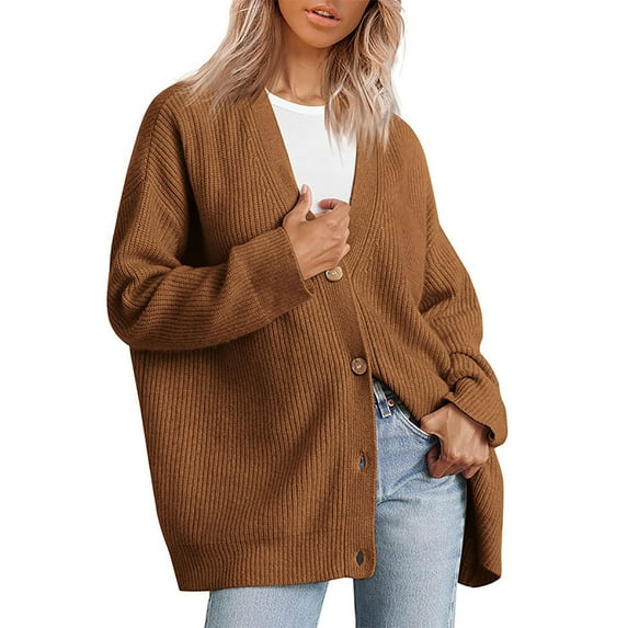 RYDCOT Womens Cardigan Sweaters Long Women's Fashionable Loose Fitting Long Sleeved Button Knitted Cardigan Brown