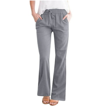 RYDCOT Womens Casual Cotton Linen Pants Drawstring High Waist Flare Pants Loose Fit Summer Beach Lounge Pants Trousers with Pockets Sales Gray
