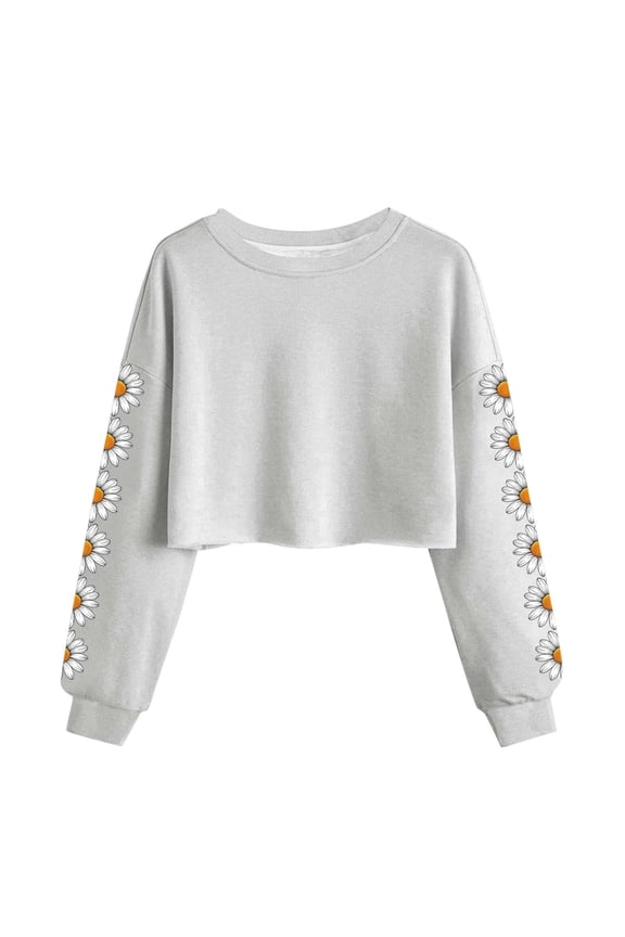 Womens Crop Sweatshirt Daisy Print Graphic Crew Neck Lantern Long Sleeve Pullover Tops Gray