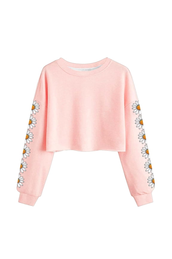 Womens Crop Sweatshirt Daisy Print Graphic Crew Neck Lantern Long Sleeve Pullover Tops Pink