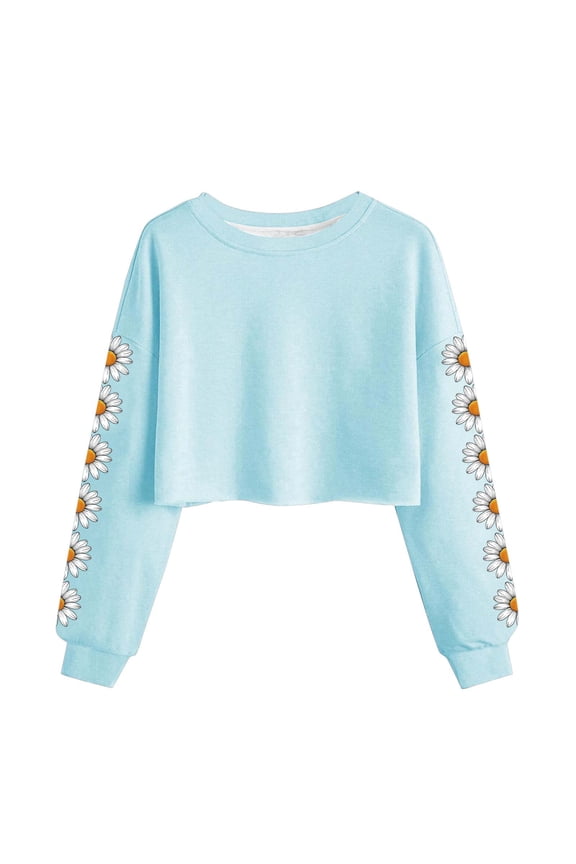 Womens Crop Sweatshirt Daisy Print Graphic Crew Neck Lantern Long Sleeve Pullover Tops Sky Blue