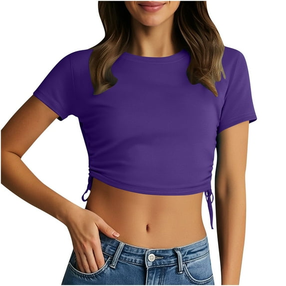RYDCOT Womens Crop Tops Summer Fashion Drawstring Side Teen Girls Y2k Going Out Tops Short Sleeve Slim Fit Casual Workout Tshirts Blouses Clearance Purple