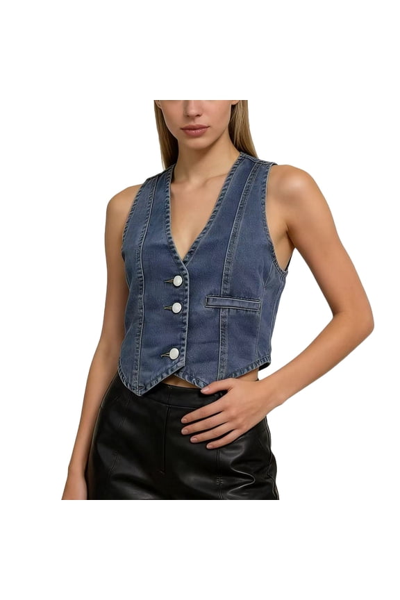 Womens Denim Vest Sleeveless V Neck Button Down Jean Waistcoat Jacket Summer Crop Tops Dark Blue