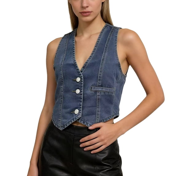 RYDCOT Womens Denim Vest Sleeveless V Neck Button Down Jean Waistcoat Jacket Summer Crop Tops Dark Blue