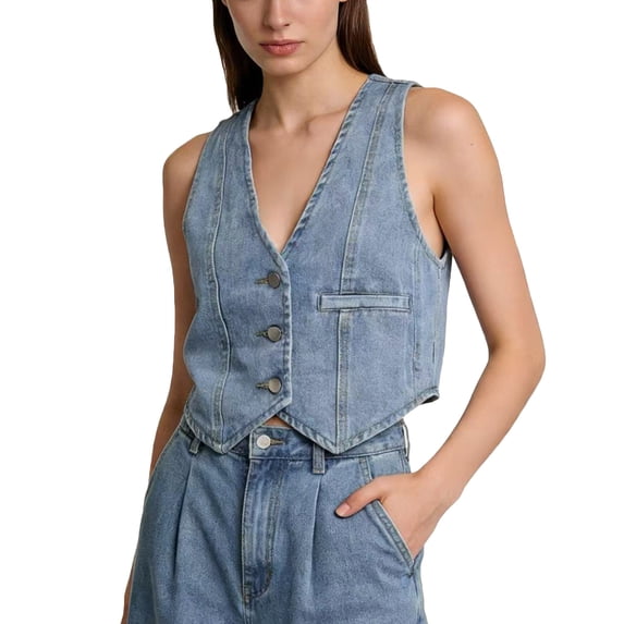 RYDCOT Womens Denim Vest Sleeveless V Neck Button Down Jean Waistcoat Jacket Summer Crop Tops Light Blue