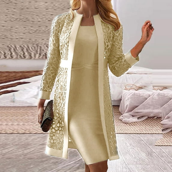 RYDCOT Womens Dresses Casual Solid Color Casual Lace Hollow Out Long Sleeve Cardigan + Sleeveless Dress Two Piece Sets on Clearance Yellow