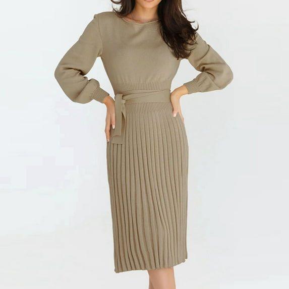 RYDCOT Womens Dresses Winter Fall Long Sleeve Round-Neck Tie Waist Slim Fit Elegant Ribbed Knit Bodycon Midi Dress Ladies Dresses for Church Sale