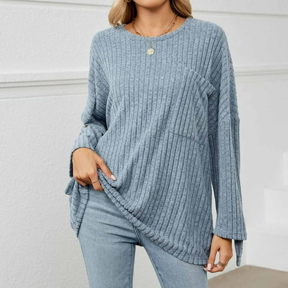 RYDCOT Womens Fall Sweaters 2023 Women's Winter Casual Solid Round Neck Long Sleeves Knitted Pits Loose Sweater Tops Sale or Clearance