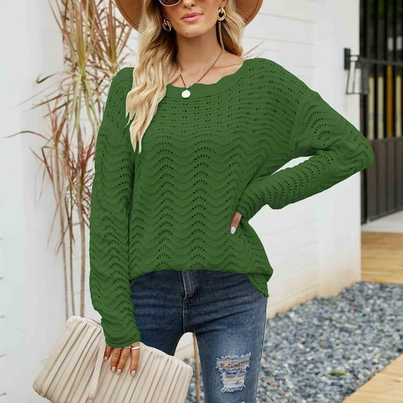 RYDCOT Womens Fall Sweaters Clearance Women's Solid Color Hollow Knitwear Straight Neck Socket off Shoulder Sweater Green