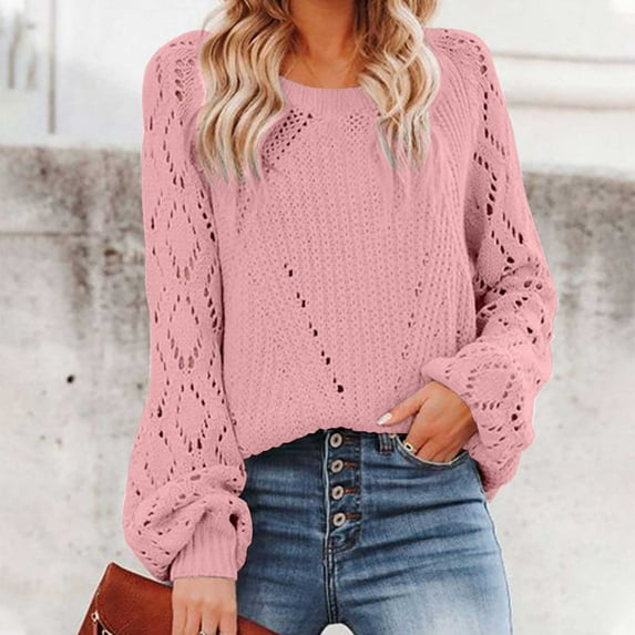 RYDCOT Womens Fall Sweaters Trendy Women Casual Fashion Solid Hollow Out Pullover Long Sleeve Round-Neck Sweater Clearance Pink