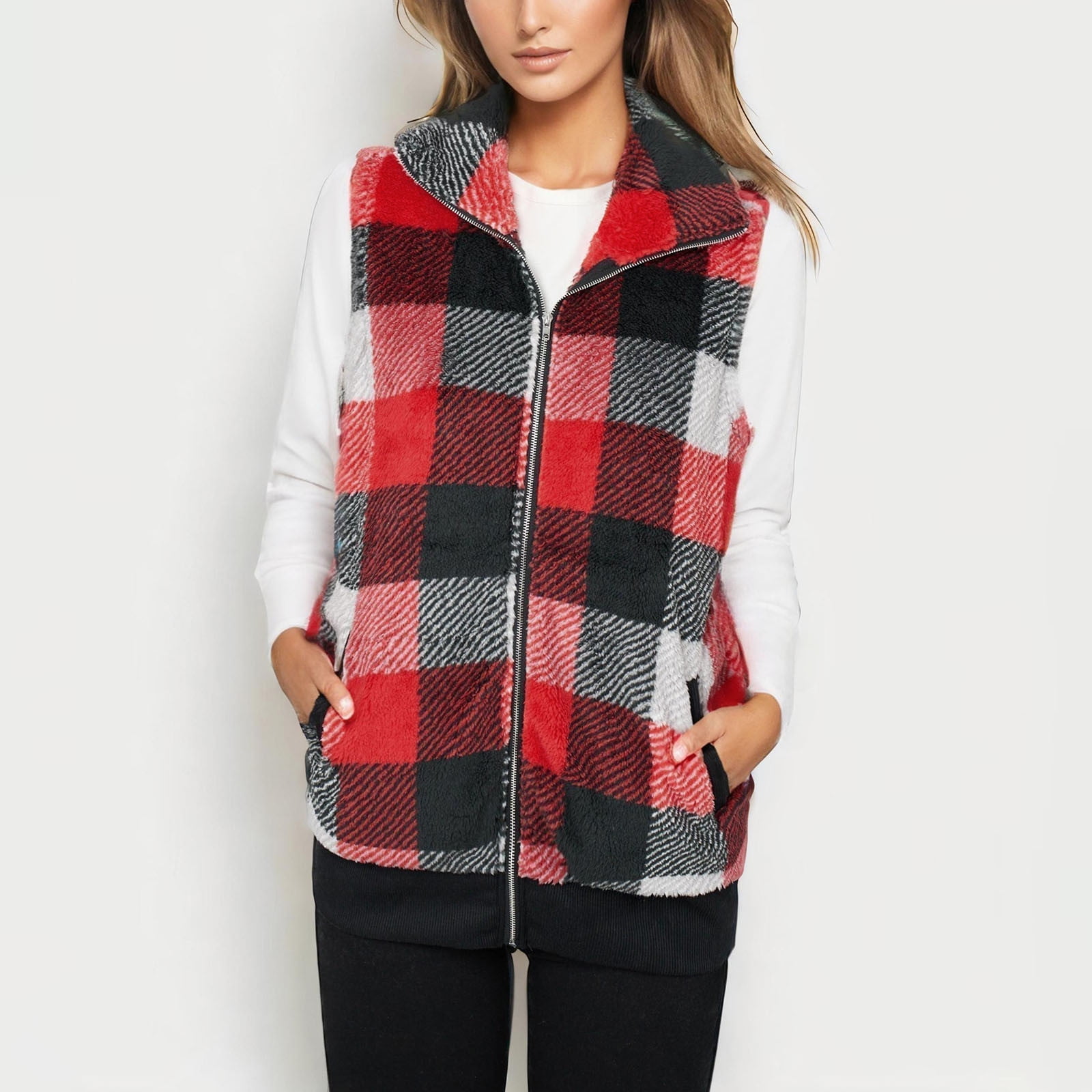 RYDCOT Womens Fashion Plaid Fleece Vest Plus Size Casual Fuzzy