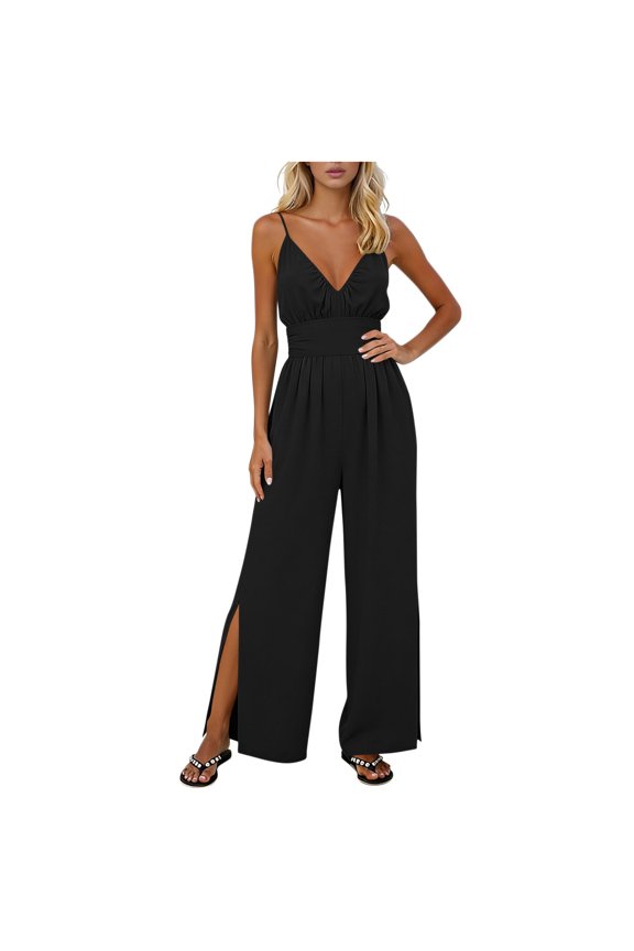 Womens Jumpsuits Spaghetti Straps V Neck Ruched Wide Leg Side Split Romper Casual Jumpsuits with Pockets Black