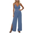 thumbnail image 1 of RYDCOT Womens Jumpsuits Spaghetti Straps V Neck Ruched Wide Leg Side Split Romper Casual Jumpsuits with Pockets Blue, 1 of 6