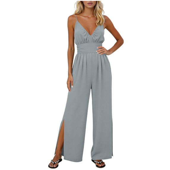 RYDCOT Womens Jumpsuits Spaghetti Straps V Neck Ruched Wide Leg Side Split Romper Casual Jumpsuits with Pockets Gray