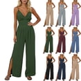thumbnail image 1 of RYDCOT Womens Jumpsuits Spaghetti Straps V Neck Ruched Wide Leg Side Split Romper Casual Jumpsuits with Pockets Red, 1 of 6