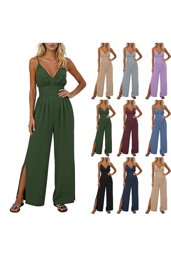 Womens Jumpsuits Spaghetti Straps V Neck Ruched Wide Leg Side Split Romper Casual Jumpsuits with Pockets Red