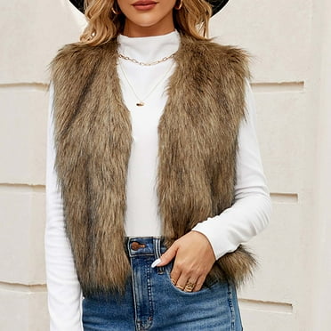 RYDCOT Womens Ladies Warm Faux Fur Vest Winter Warm Short Coat Fluffy Shaggy Sleeveless Jacket Fashion Casual Fuzzy Outerwear Vest Waistcoat on Clearance