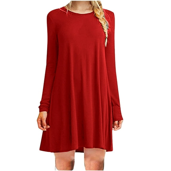 RYDCOT Womens Long Sleeve Dresses Casual Solid Color Round Neck T Shirts Dresses for Women Loose Fit Tunic Dresses for Women Fall Sale Red