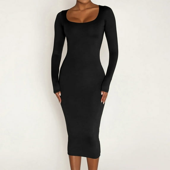 RYDCOT Womens Long Sleeve Dresses Knee Length Casual Basic Pencil Dress Square Neck Fall Casual Ribbed Bodycon Dresses Sale