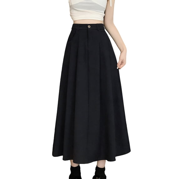 FRSASU Women's High Waisted Maxi Skirts Summer Business Flare Work A-Line Pleated Skirt with Pocket Black