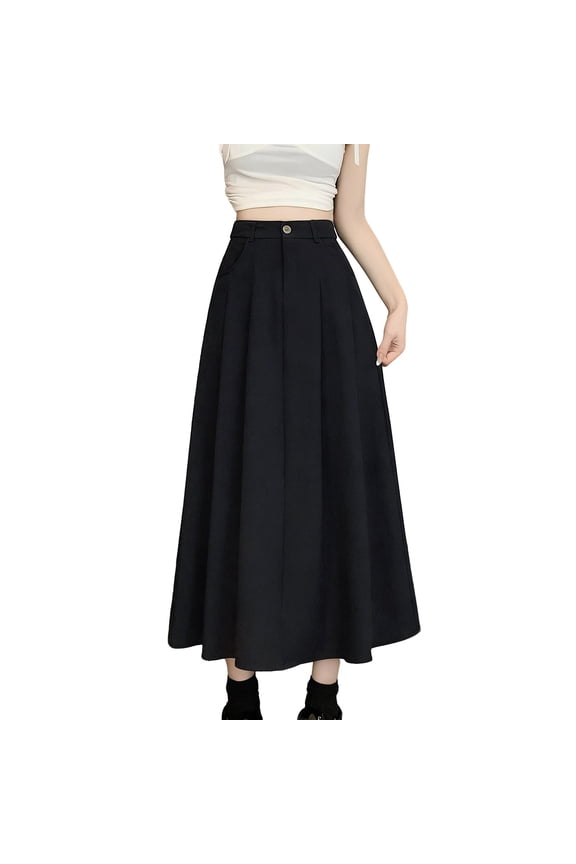 RYDCOT Womens Maxi A-line Long Skirt Solid Color Casual Elastic High Waist Flowy Skirts with Pockets Black