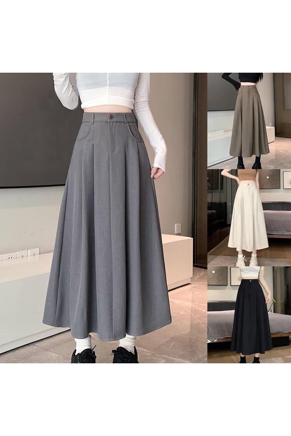 RYDCOT Womens Maxi A-line Long Skirt Solid Color Casual Elastic High Waist Flowy Skirts with Pockets Gray