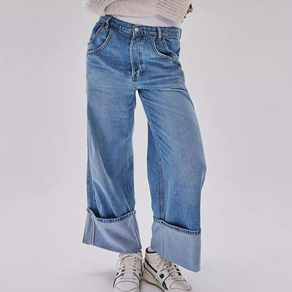 RYDCOT Womens Pants Clearance,Womens Baggy Jeans Boyfriend Wide Leg Trendy Casual Low Rise Cuffed Hem Denim Pants with Pockets Sale