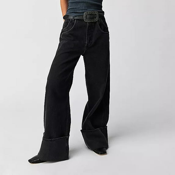 RYDCOT Womens Pants Clearance,Womens Baggy Jeans Boyfriend Wide Leg Trendy Casual Low Rise Cuffed Hem Denim Pants with Pockets on Clearance