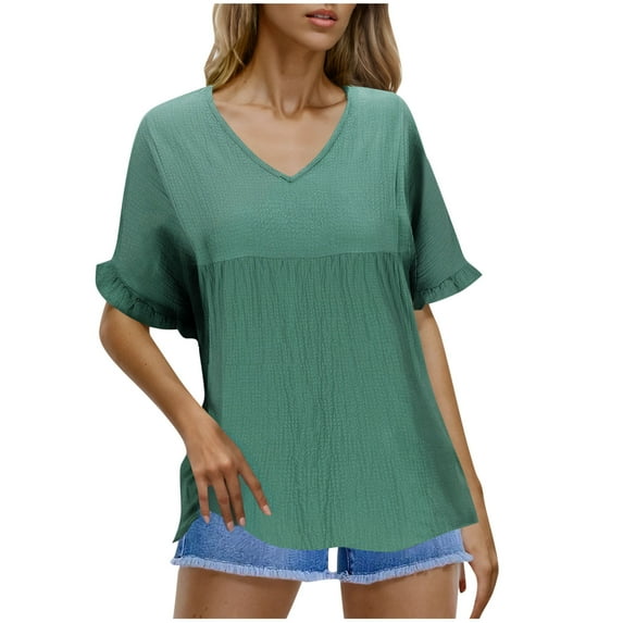 RYDCOT Womens Plus Size Tops Casual V Neck Ruffle Sleeve T Shirts Babydoll Loose Fit Peplum Tops Tunic Blouses 2025 Summer Beach Vacation Clothes Blue