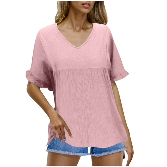 RYDCOT Womens Plus Size Tops Casual V Neck Ruffle Sleeve T Shirts Babydoll Loose Fit Peplum Tops Tunic Blouses 2025 Summer Beach Vacation Clothes Pink