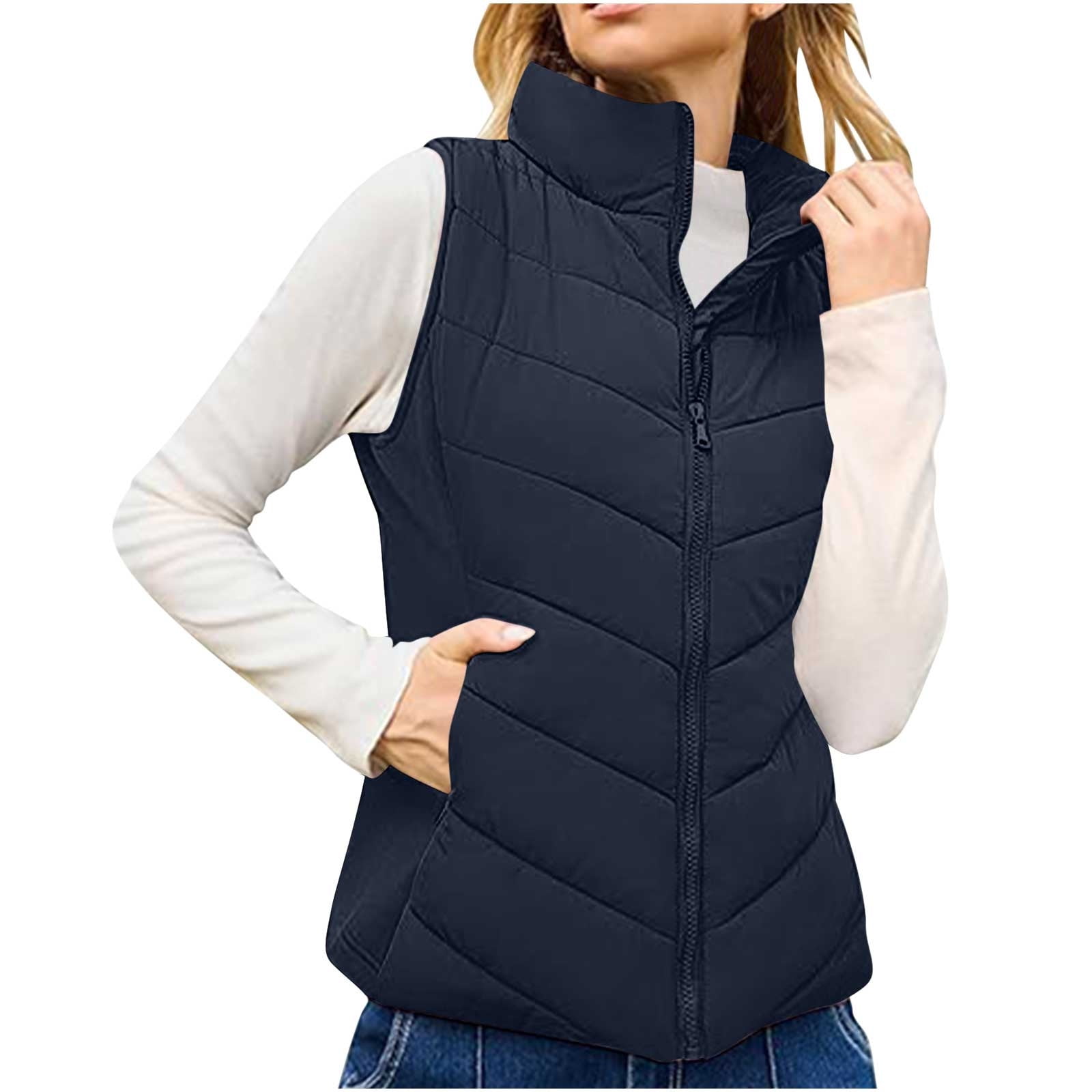 Fuinloth Women Quilted Vest, Stand Collar Lightweight Zip Padded Gilet Outerwear Coats Camel Xl
