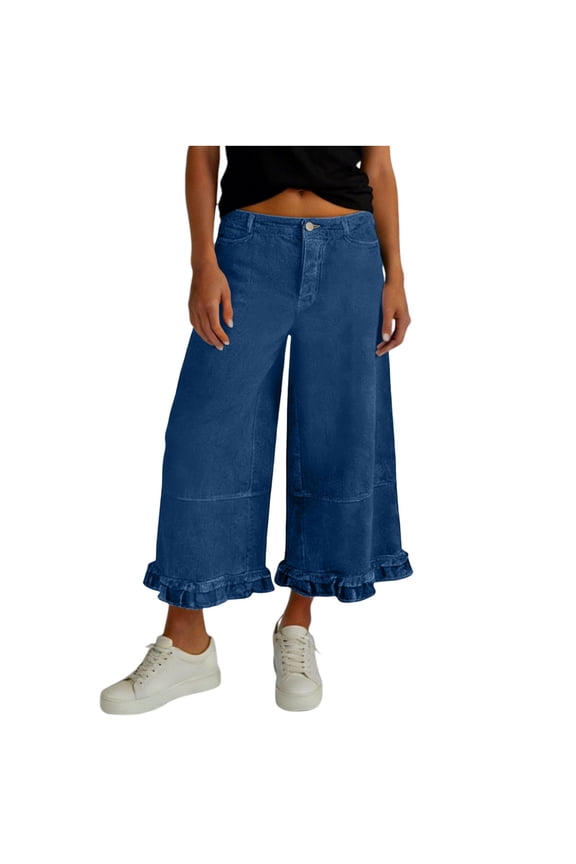 Womens Ruffle Hem Wide Leg Jeans High Rise Baggy Cropped Denim Pants with Pockets Dark Blue