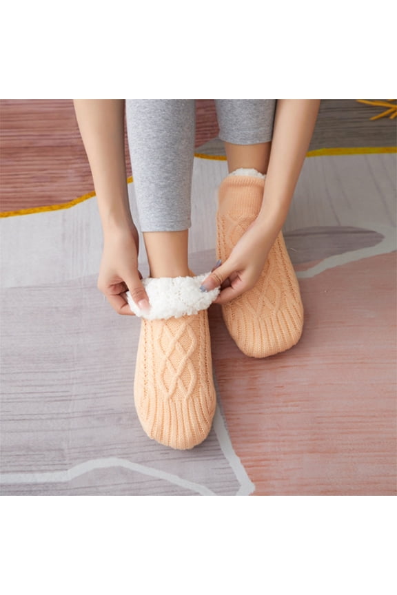 Womens Slipper Socks, Winter Warm Fleece Lined Socks, Cozy Soft Thick Fuzzy Non Slip Indoor Christmas Socks (a Pair) Beige-C S(One Size)