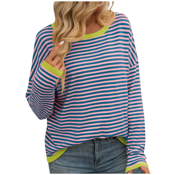 RYDCOT Womens Striped Color Block Sweater for Fall Winter Long Sleeve Casual Crewneck Knitted Tops Oversized Pullover Jumpers Tops Sale or Clearance