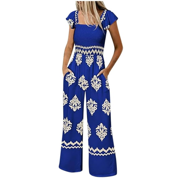 RYDCOT Womens Summer Casual Boho Jumpsuits Retro Print Cap Sleeve High Waist Wide Leg Romper with Pockets One Piece Beach Vacation Outfits Today Sales Blue