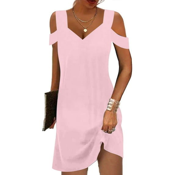 RYDCOT Womens Summer Casual Dress Cold Shoulder V Neck Solid Color 2024 Fashion Sundress with Pockets on Clearance