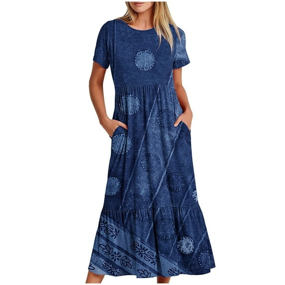 RYDCOT Womens Summer Dresses Beach Casual Short Sleeve Vintage Ethnic Printed Loose Flowy Sundresses with Pocket Women Clothing on Clearance