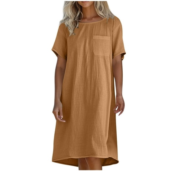 RYDCOT Womens Summer Dresses Casual Imitation Cotton Linen Blend Dress Short Sleeve Crew Neck Beach Sundresses Shift Tunic Dress with Pocket Flash Brown
