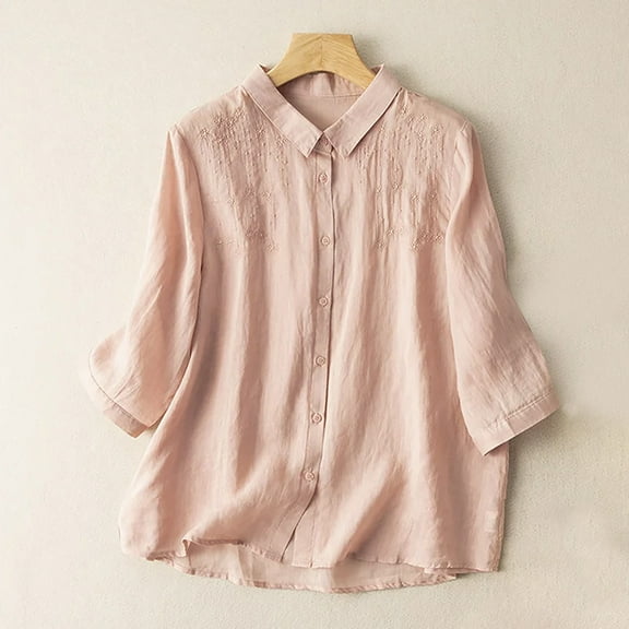 RYDCOT Womens Summer Gauze Tops and Blouses 3/4 Length Sleeve Cotton Linen Shirts Embroidery Button Down Blouse Tunic Elbow Sleeve Shirts Sale Pink