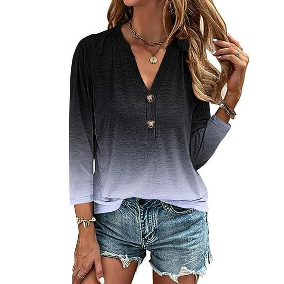 RYDCOT Womens Summer Tops 3/4 Sleeve Loose Fit Button V-Neck T-Shirt Blouses for Women Casual Spring Fall Clothing Sale