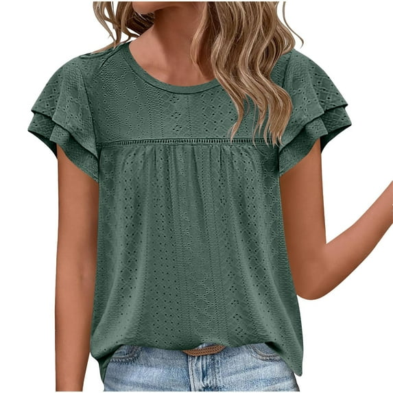RYDCOT Womens Summer Tops Crewneck Ruffle Short Sleeve Eyelet Shirts Casual Basic T Shirt Fashion Cute Blouse 2024 Ladies Tops on Clearance Green