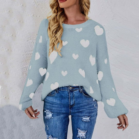 RYDCOT Womens Sweaters Clearance Cozy Sweaters for Women Fuzzy Heart Print Long Sleeve Round Neck Slouchy Sweaters for Women Clearance