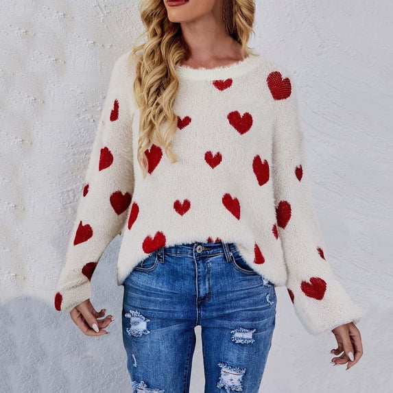 RYDCOT Womens Sweaters Clearance Cozy Sweaters for Women Fuzzy Heart Print Long Sleeve Round Neck Slouchy Sweaters for Women Clearance