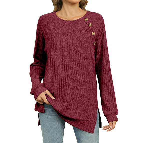 RYDCOT Womens Sweaters Split Side Ribbed Tunic Tops for Women Raglan Long Sleeve Button Trim Casual Shirts Fall Loose Comfy Trendy Pullover on Clearance