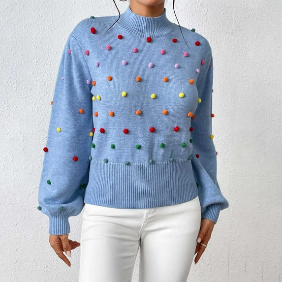 RYDCOT Womens Sweaters V Neck Women's Fashion Casual Color Long Sleeve Round-Neck Sweater Sale or Clearance Blue