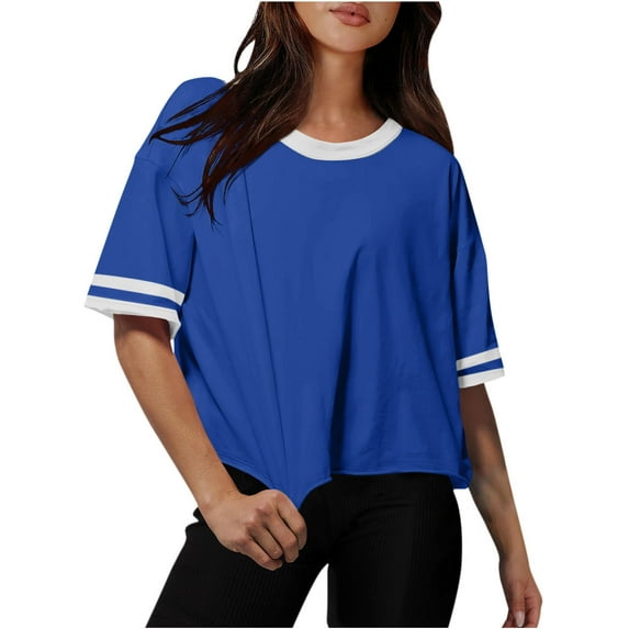 RYDCOT Womens T Shirts Loose Fit Cropped Womens Short Sleeve Oversized T Shirt Color Block Crew Neck Casual Tee Tops 2025 Summer Clothes Blue