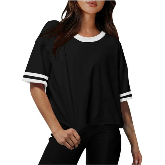RYDCOT Womens T Shirts Loose Fit Cropped Womens Short Sleeve Oversized T Shirt Color Block Crew Neck Casual Tee Tops 2025 Summer Clothes Sale Black