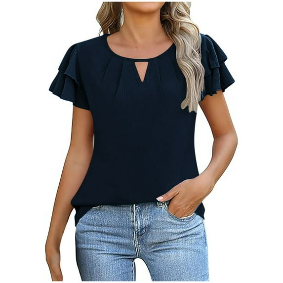 RYDCOT Womens Tops Dressy Casual Business Work Blouses Short Ruffle Sleeve Keyhole Crew Neck Shirts 2025 Summer Trendy Outfits Womens Clothes Today Sales Navy